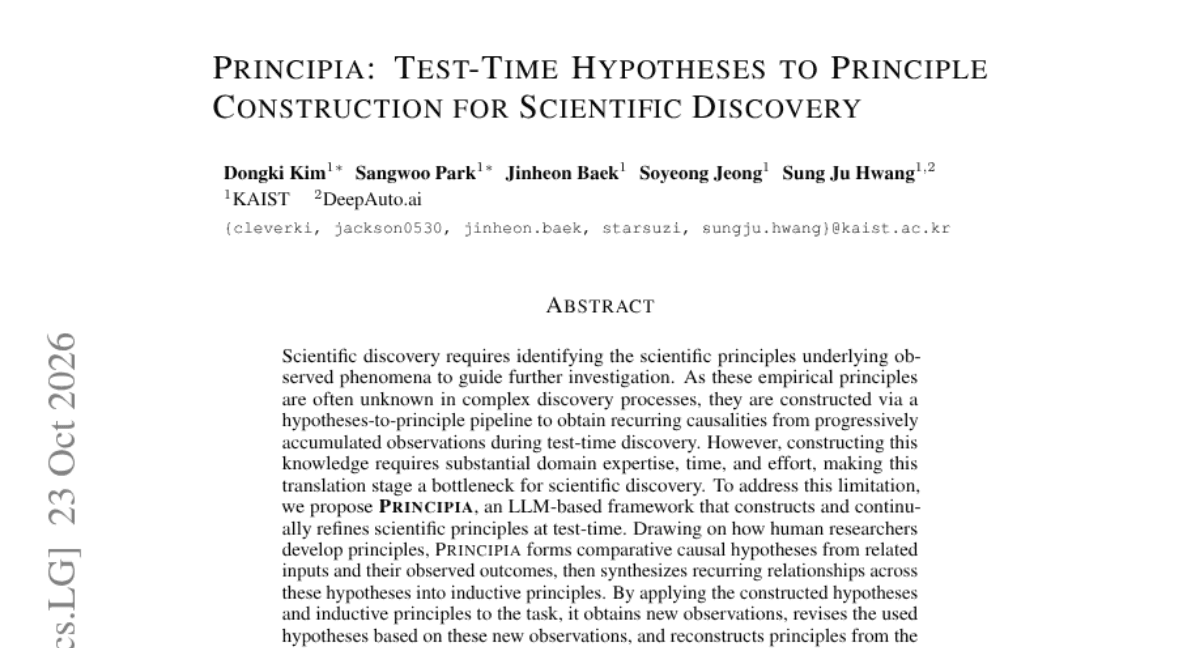 Principia: Test-Time Hypotheses to Principle Construction for Scientific Discovery