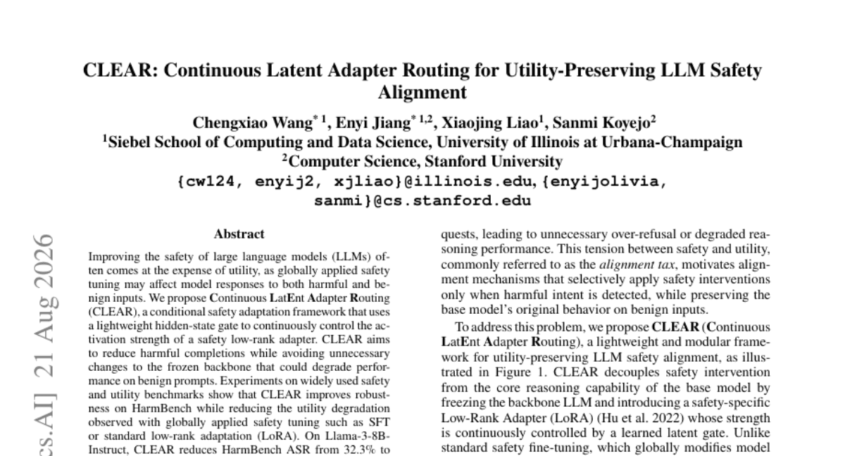 CLEAR: Continuous Latent Adapter Routing for Utility-Preserving LLM Safety Alignment