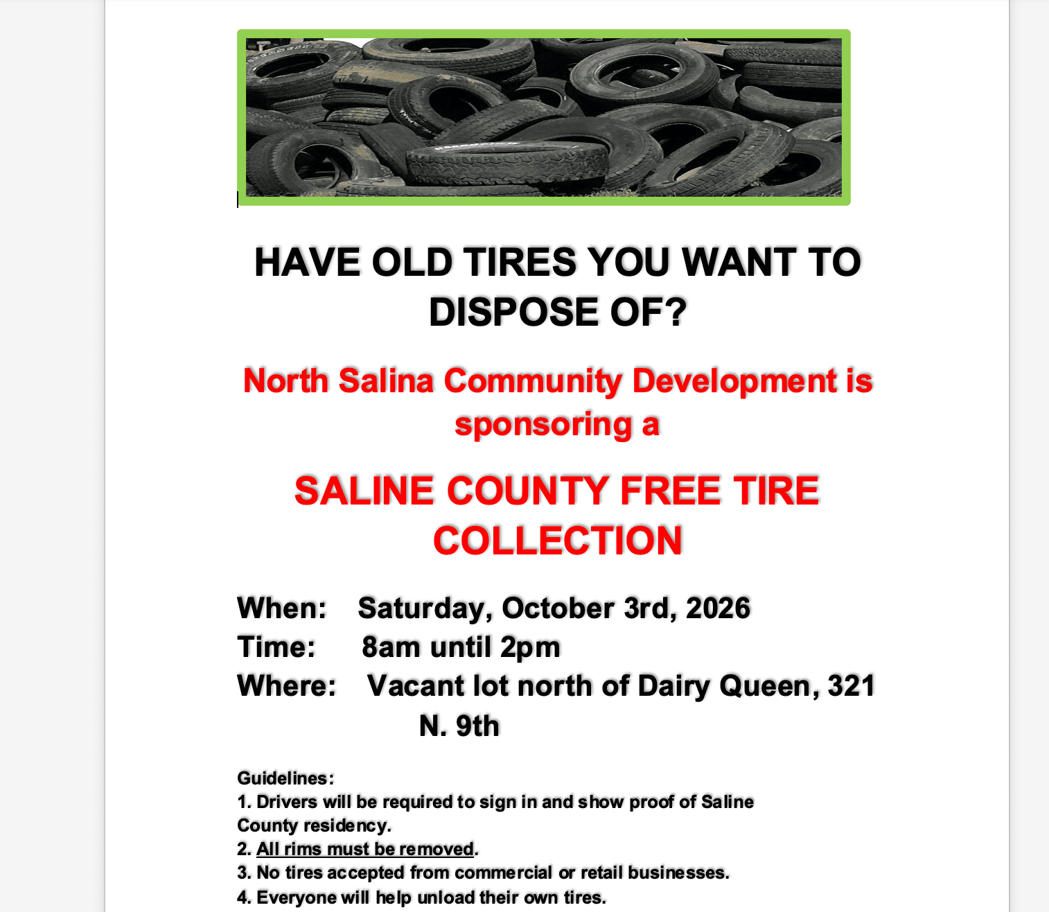 Saline County free tire collection Oct. 3