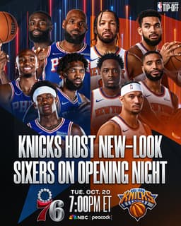 @NBA: KNICKS BANNER RAISING NIGHT AT MSG. 🏆
LEBRON AND JAYLEN BROWN’S SIXERS DEBUTS. 🍿

The Knicks raise t...