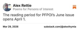 Alex Rettie (@alexthymia): "Our submissions period closes in two days. Send poems NOW."