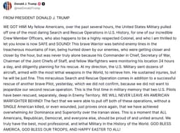 @Osinttechnical: Trump confirms that the US rescued the wounded F-15E WSO after he evaded Iranian forces for over a d...