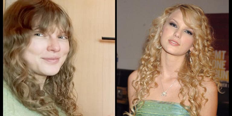 Taylor Swift looks so debut era in curly hair and a mint-green sweater