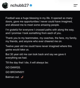 @AdamSchefter: Former four-time Pro Bowl running back Nick Chubb announced his retirement from the NFL at age 30. h...